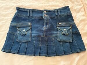Y2K Denim Pleated Cargo Mini Skirt Utility Grunge Mall Goth Cyber Punk Pocketed
